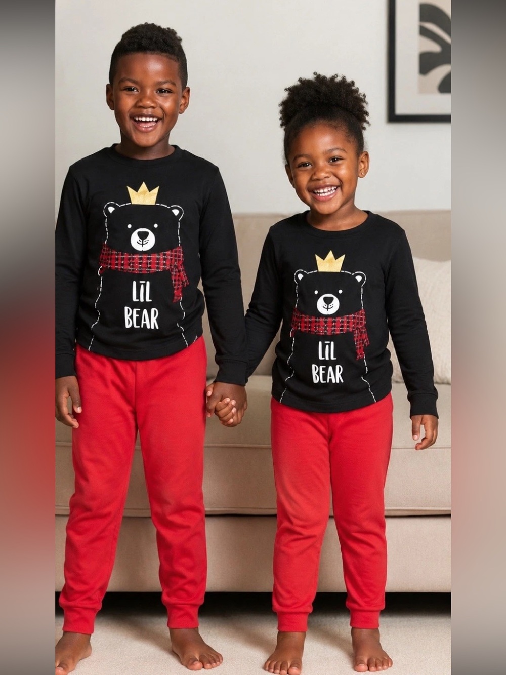Lil Bear Macys Family Pjs Kid Size XS 4/5 Unisex Boy Girl Black & Red Pajama Set